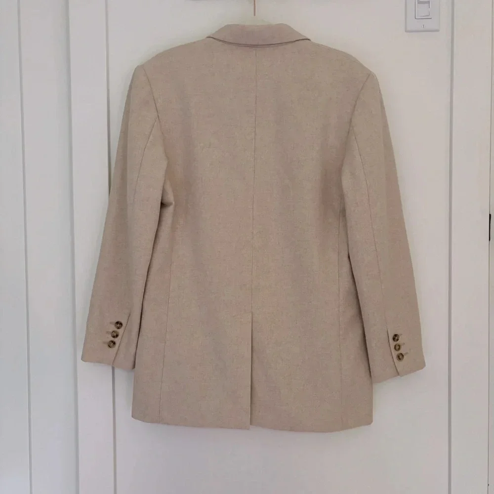 Mango Wool Blend Long Oversized Blazer Light Beige Oatmeal Size M Shoulder  Pads - Picture 6 of 9